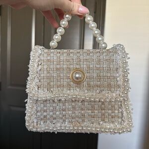 Pearl Handle Tweed Mini Crossbody Bag — Beige / Gold
